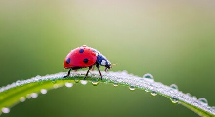 Ladybug resting on a dewy leaf with a blurred green background in a macro close up shot outdoors