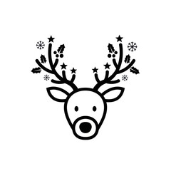 Festive reindeer head with antlers and holiday decorations in black and white.