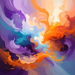 An abstract swirling of vibrant colors in orange, purple, blue, and white creates a dynamic, ethereal composition