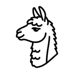 Simple black and white llama head profile illustration with detailed features. © Anak