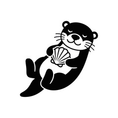 Stylized Otter Illustration Holding Seashell in Black and White.