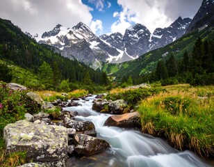 Flowing river through green valley, snow-capped mountains in background