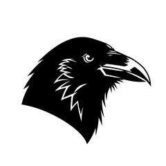 Naklejka premium Stylized Black Raven Head Silhouette with Detailed Feathers and Sharp Beak.