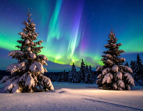 Aurora borealis illuminates a snowy, winter forest with vibrant green and purple light, painting the sky above tall trees - Powered by Adobe