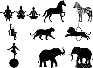 “Circus performer and animal silhouette collection featuring yoga poses, balancing acts, wild animals and acrobatic elements for creative entertainment themed vector illustration design”
