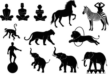 “Circus performer and animal silhouette set featuring acrobats, elephants, big cats, horse, zebra and monkey, perfect for entertainment artwork and vector illustration design”