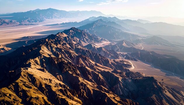 An aerial perspective showcases a dramatic mountain range with sharp peaks and deep valleys, leading to a vast, arid desert landscape under a soft, hazy sky.