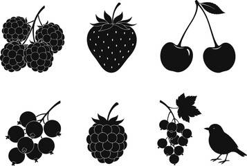Assorted berry and fruit silhouettes with raspberry, strawberry, cherry, currant clusters, and small bird figure, ideal for botanical vector designs, natural food illustration, organic themes