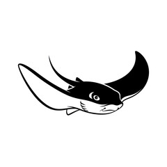 Stylized cartoon illustration of a black and white manta ray swimming.