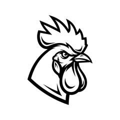 Rooster head profile illustration with sharp focus and intense gaze in black and white.