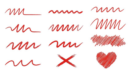 Collection of hand-drawn red scribbles, lines, and a heart symbol for design elements