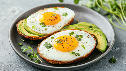 Avocado halves topped with sunny fried eggs, microgreens and cracked pepper on plate