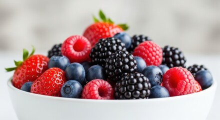 Obraz premium Bowl of assorted fresh berries on white background featuring strawberries and blackberries