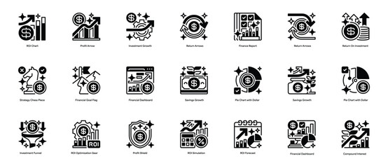 Return On Investment Set Line Icon, Outline Symbol for Financial Performance, Business Profitability, Data Analysis, Strategy Planning, and Value Measurement. Vector Sign Icon.