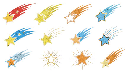 Vibrant collection of hand-drawn shooting stars and comets with a crayon sketch texture