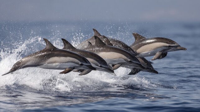 A group of dolphins joyfully leaps from the water, creating splashes under the sunlight. The scene captures their playful energy in the tranquil ocean environment. - Powered by Adobe