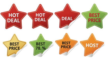 Collection of colorful star shaped stickers for announcing sales, hot deals, and special offers