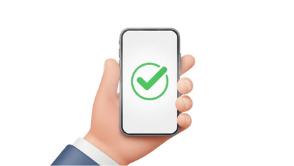 3D cartoon hand holding a mobile phone with a green check mark symbol on the screen, isolated on white