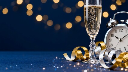  Elegant New Year Celebration Champagne Glass and Countdown Alarm Clock on Dark Blue Background