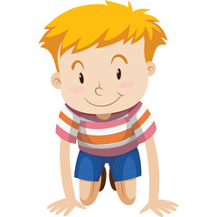Smiling Young Boy With Blond Hair Wearing A Striped Shirt and Blue Shorts Kneeling On A Transparent Background, Adorable Child Outdoor Play Activity Cartoon Character.