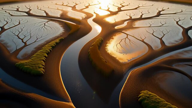 Majestic Tree of Life river delta, an AI-generated aerial animation of biogeometric fractal water veins in a wetland at sunrise.