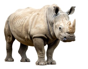 Fototapeta premium An isolated rhinoceros stands tall, showcasing its large body and thick, textured skin against a stark white background