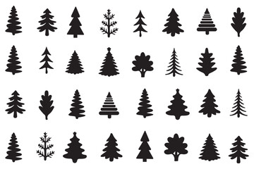  Pine tree ,Tree silhouette icon collection, forest and pine tree vector set, nature foliage design bundle, simple black isolated tree shapes