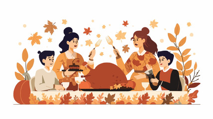 Friends Sharing Thanksgiving Meal with Autumn Leaves Background