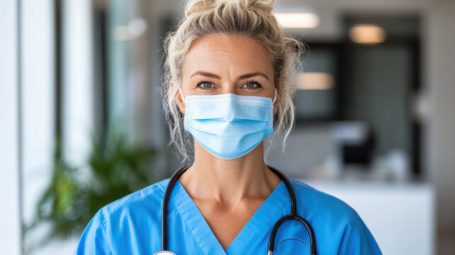 Female nurse wearing surgical mask and stethoscope smiling calmly in clinic