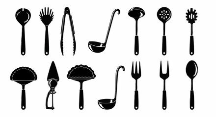 Collection of Kitchen Utensils Silhouettes Isolated on White Background.