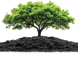 Lush green tree growing from dark soil mound isolated on white leaves branches