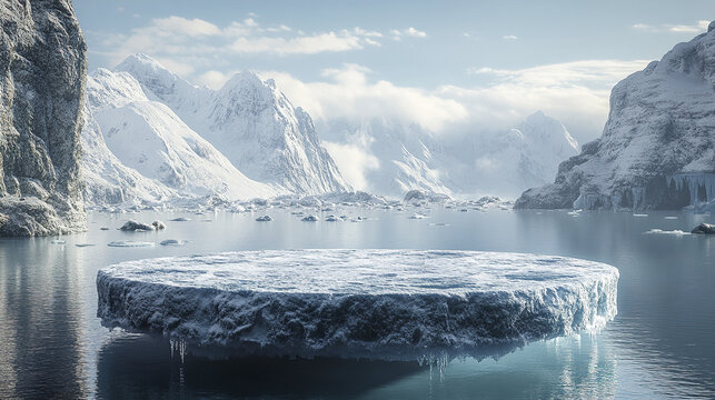 Large ice pedestal floats on frozen blue lake surrounded by snowy mountains