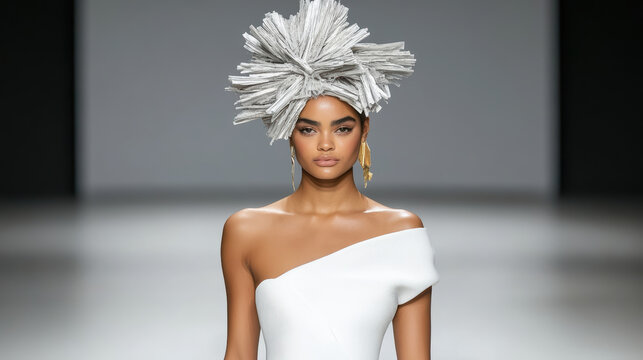 African woman sculptural white headpiece and asymmetrical white couture dress, poised and elegant