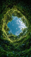Vibrant photo of looking up at the sky through a dense green forest canopy in nature