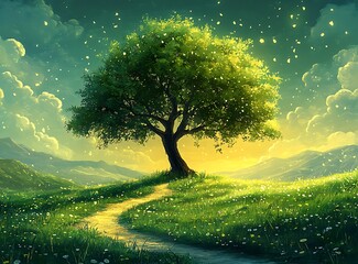 Lush green tree on grassy hill with winding path and falling petals nature