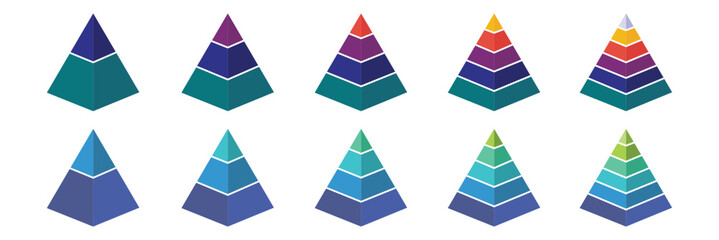Levels of triangular pyramid. Half triangle pyramid chart. Maslow layer diagram. Development level infographic. Business graph. Vector illustration isolated on white background. Colorful Pyramid Icon.