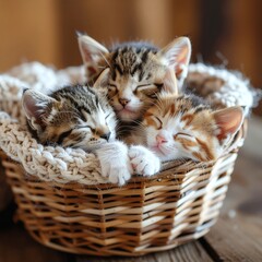 Trio of Sleeping Kittens in a Basket