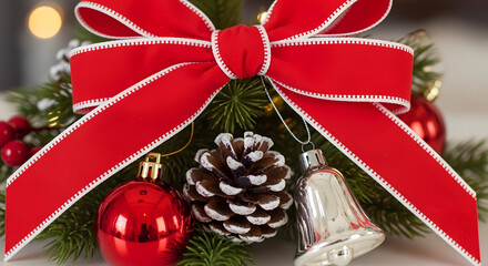 Festive Christmas decoration featuring a vibrant red bow, pine cone, silver bell, and shiny red bauble