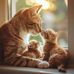 Mother Cat Nuzzles Her Ginger Kittens
