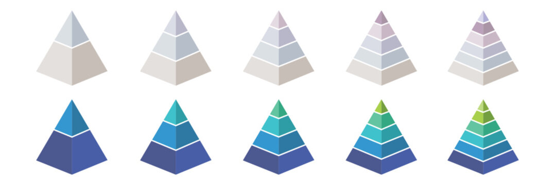 Levels of triangular pyramid. Half triangle pyramid chart. Maslow layer diagram. Development level infographic. Business graph. Vector illustration isolated on white background. Colorful Pyramid Icon.