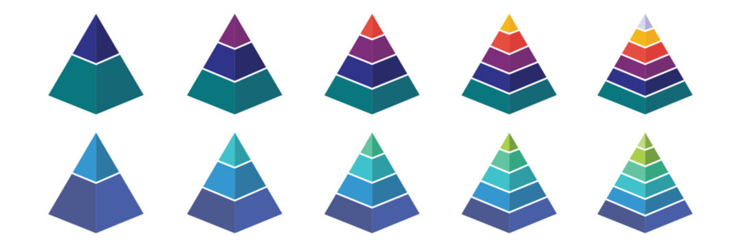 Levels of triangular pyramid. Half triangle pyramid chart. Maslow layer diagram. Development level infographic. Business graph. Vector illustration isolated on white background. Colorful Pyramid Icon.