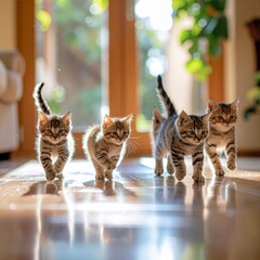 Four Adorable Striped Kittens Exploring