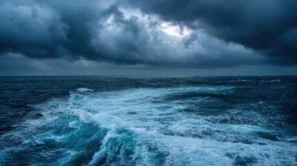 Obraz premium Stormy weather engulfs the ocean as dark clouds loom overhead. Waves churn violently, creating a striking contrast against the deep blue water. The atmosphere feels tense and powerful.