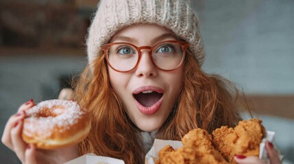A young woman with red hair and glasses holds a donut in one hand and fried chicken in the other with a delighted expression. She is in a warm, inviting cafe atmosphere.