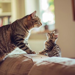 Mother Cat And Kitten Bonding On Sofa