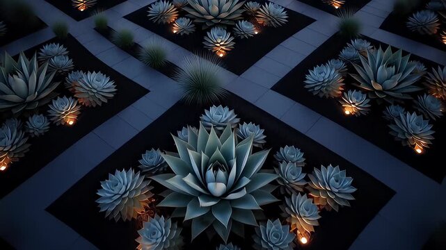 A serene xeriscape garden at twilight showcases fractal geometry with illuminated succulents in a symmetrical, modern landscape design.