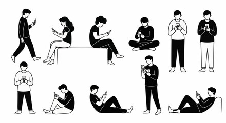 People engrossed in smartphones, various poses, black and white line art.