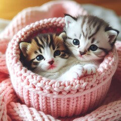 Two Cute Kittens in Pink Knit Basket