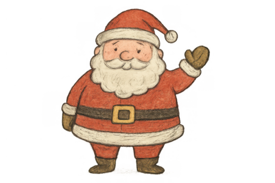 Santa claus cartoon illustration waving an arm, enjoying christmas holiday season greetings, transparent background