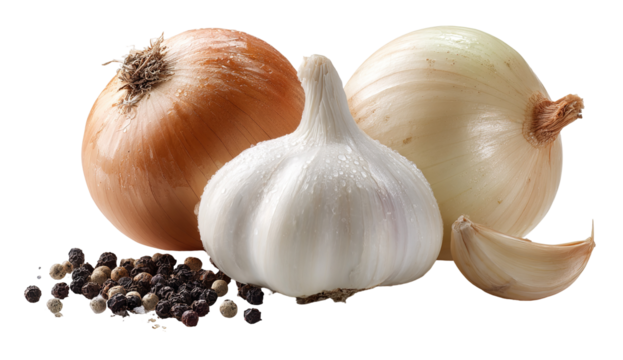 Fresh garlic and red onion bulbs with green parsley on a light background. Food seamless pattern for cooking elements.